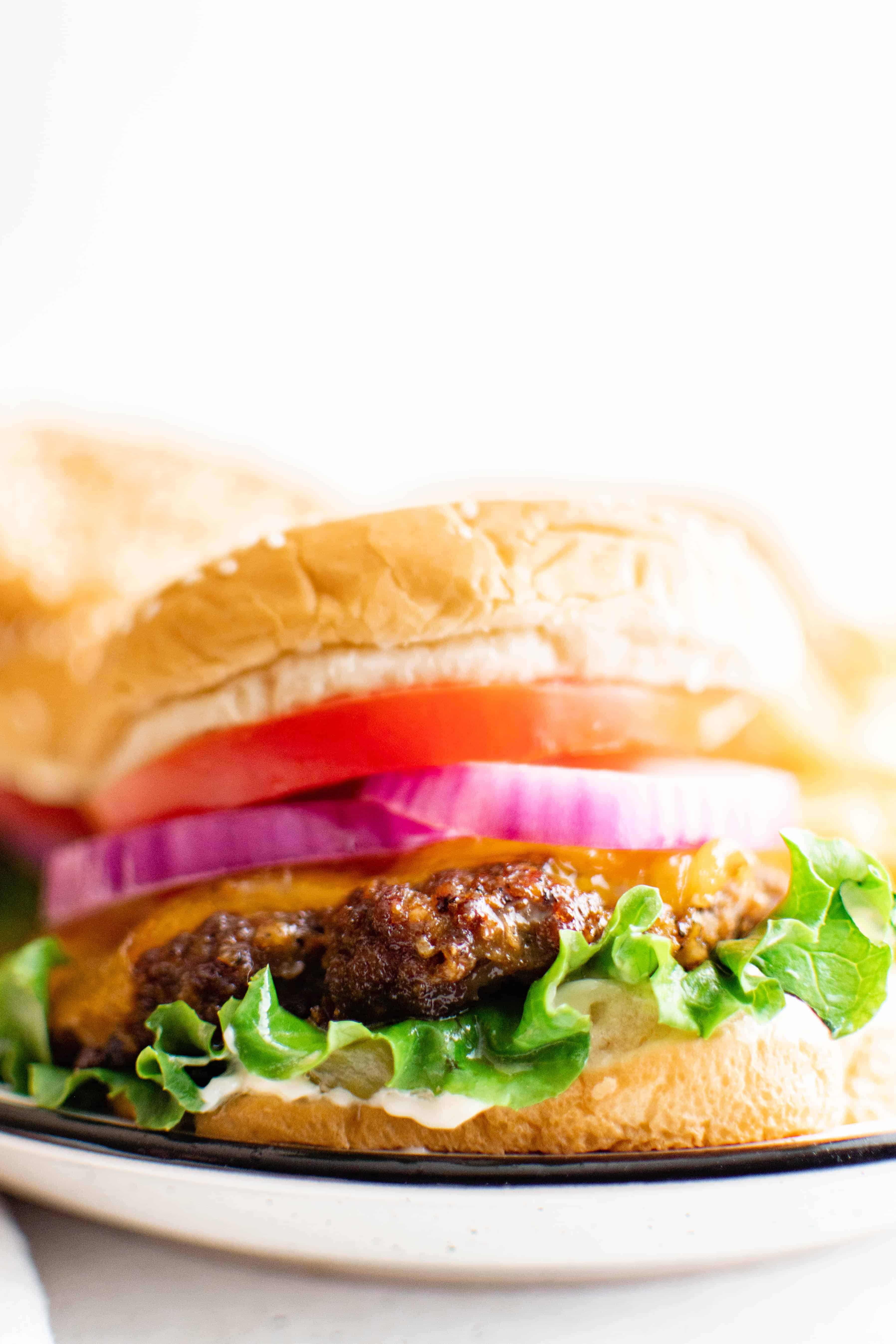 Close up image of a single hamburger patty with cheese on a sesame bun with lettuce, mayo, red onion, and tomato.