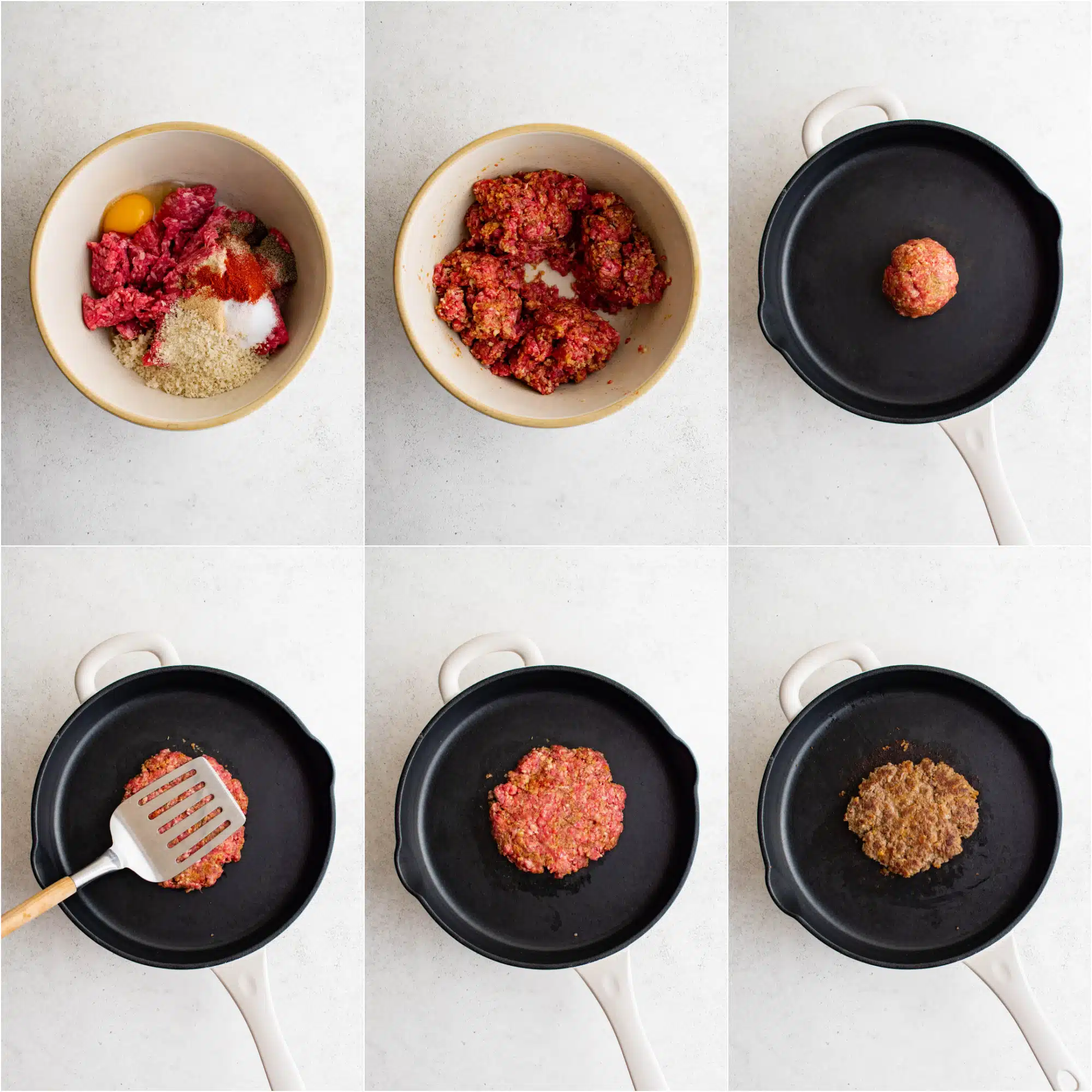 Collage of images showing how to make homemade hamburger patties starting with combining the ground beef with seasoning and panko, dividing it into four, and cooking it on a large cast iron pan until cooked through.
