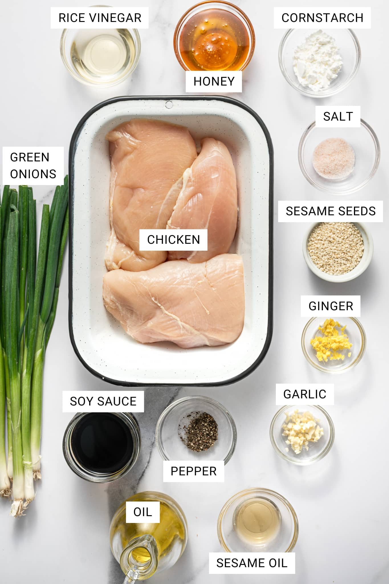 Overhead flat lay of teriyaki chicken bowl ingredients on a white marble background with white text labels on each item. A white speckled baking dish with a black rim holds raw chicken breasts labeled “CHICKEN” in the center. On the left are green onions labeled “GREEN ONIONS.” Around the dish are small glass bowls labeled “RICE VINEGAR,” “HONEY,” “CORNSTARCH,” “SALT,” “SESAME SEEDS,” “GINGER,” “GARLIC,” and “SOY SAUCE.” At the bottom are a small bowl labeled “PEPPER,” a glass oil dispenser labeled “OIL,” and a small bowl labeled “SESAME OIL.”
