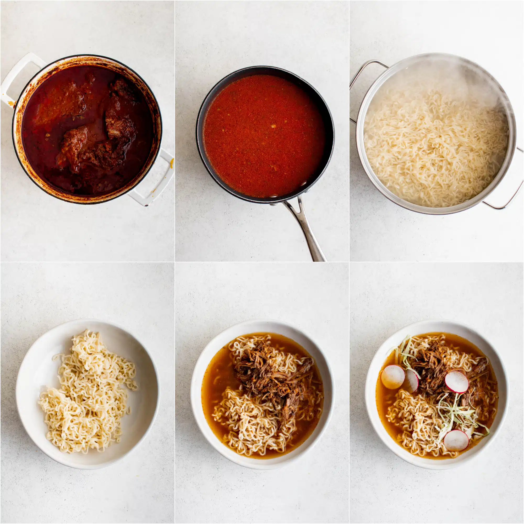 Collage of six images illustrating preparing a bowl of birria ramen using homemade birria broth, cooked ramen noodles, shredded beef, cabbage, and radish.