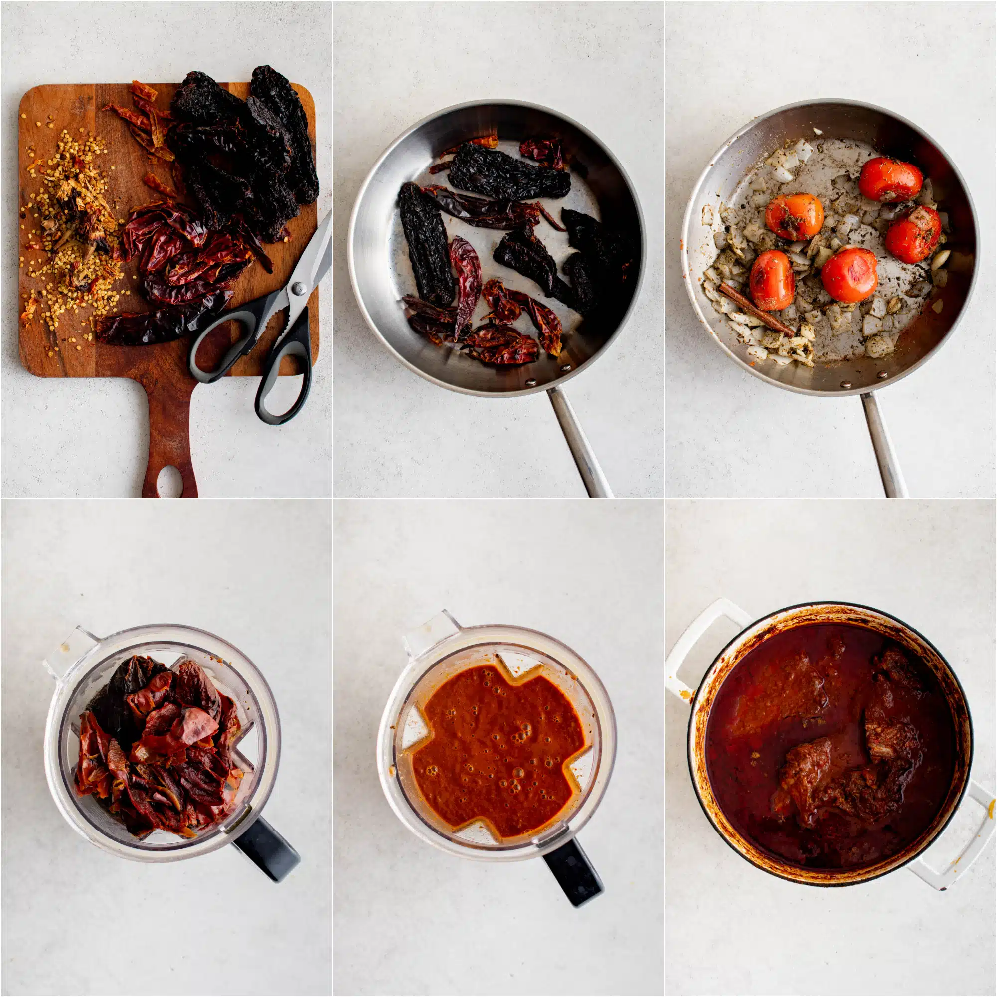 Six images showing the steps to make beef birria. The first image shows various dried chiles on a cutting board with the seeds removed, the second image shows the dried chilies toasting in a dry skillet, the third image shows onion, spices, and whole tomatoes sauteing in a large skillet, the fourth image shows boiled and softened whole chiles in a large blender, the fifth image shows a blender filled with blended chiles, tomatoes, onions, and spices, and the sixth image shows beef simmering in a pot of birria sauce.