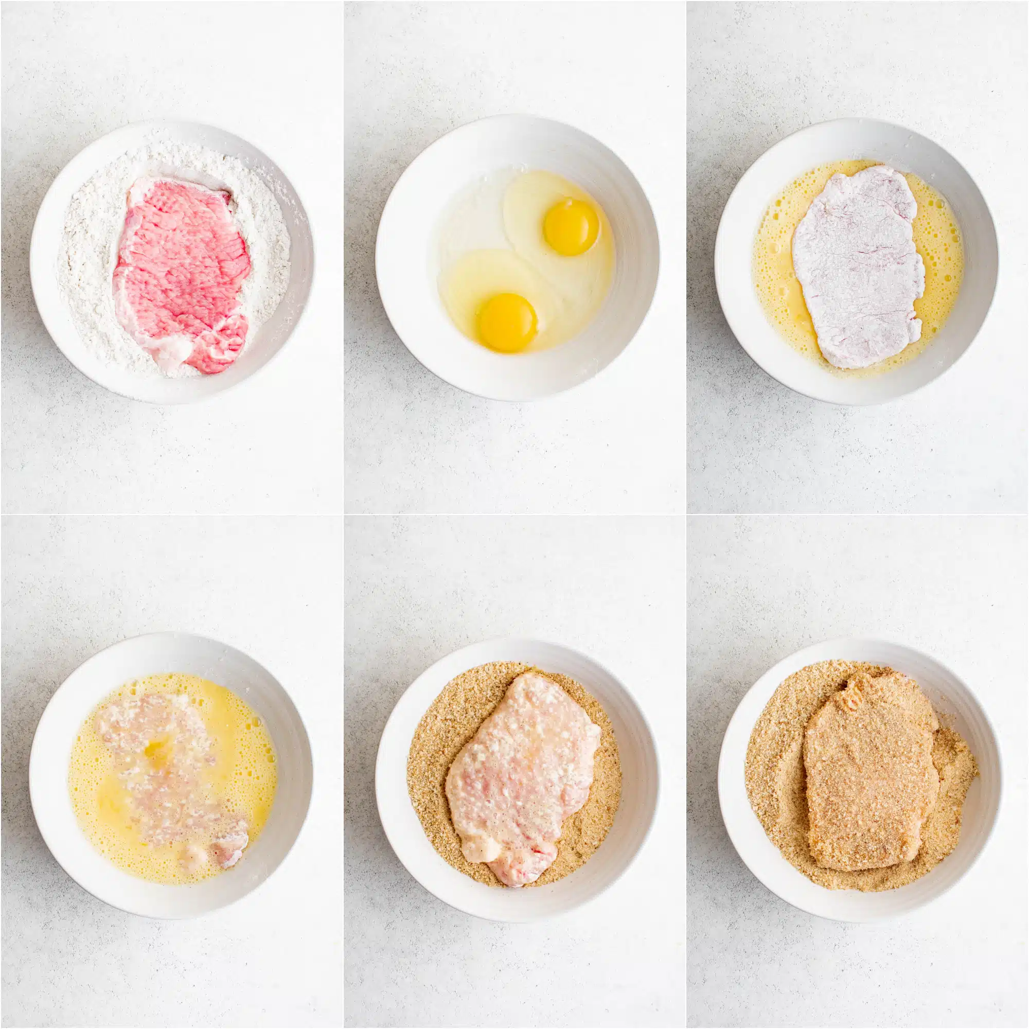 Six images in a collage showing the steps needed to bread pork cutlets in flour first, then egg, and then breadcrumbs.