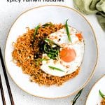 Pinterest Pin Image for the best Spicy Ramen Noodles with one image and text overlay.