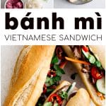 Overhead view of fresh bรกnh mรฌ Vietnamese sandwiches filled with sliced meat, pickled vegetables, cucumbers, cilantro, and red chili peppers, with ingredient bowls and a baguette arranged nearby.