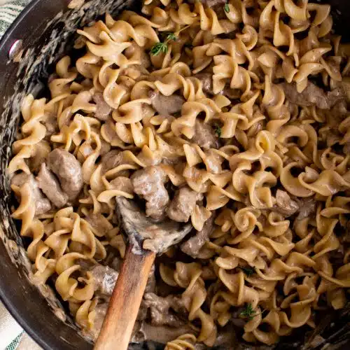 Overhead image of a large ceramic pot filled with cooked beef chunks and egg noodles tossed in a homemade creamy brown gravy.