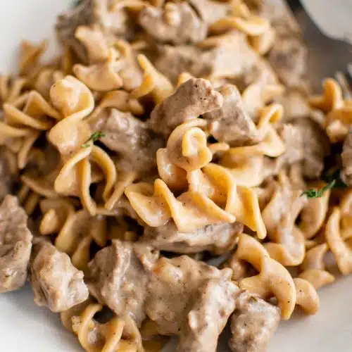 White plate filled with chunks of meat and egg noodles smothered in a creamy brown gravy and garnished with fresh thyme.
