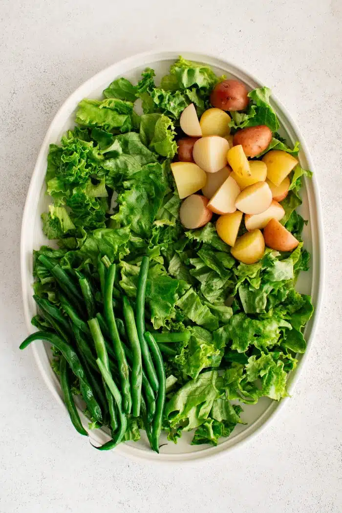 Overhead image of a large oval salad platter artfully displaying green beans, boiled and chopped potatoes, on a bed of fresh lettuce.