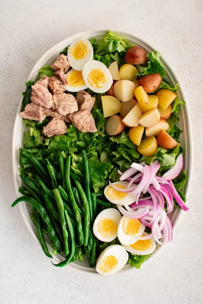 Overhead image of a large oval salad platter artfully displaying green beans, halved hard-boiled eggs, sliced green onions, boiled and chopped potatoes, and canned tuna on a bed of fresh lettuce.