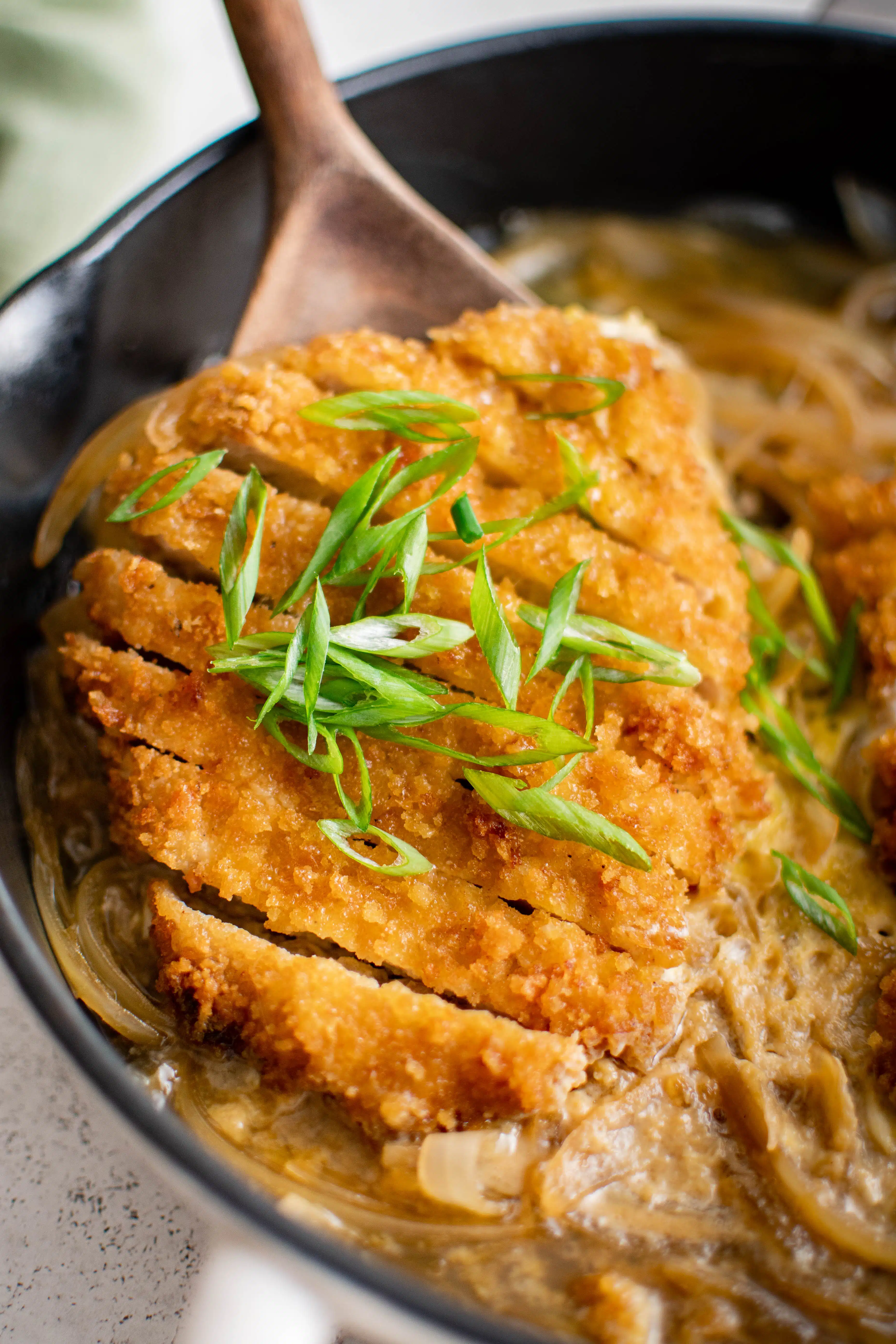 Large pan filled with a large sliced breaded and deep-fried pork cutlet garnished with sliced green onions set on top of saucy sauteed sliced onions with egg.