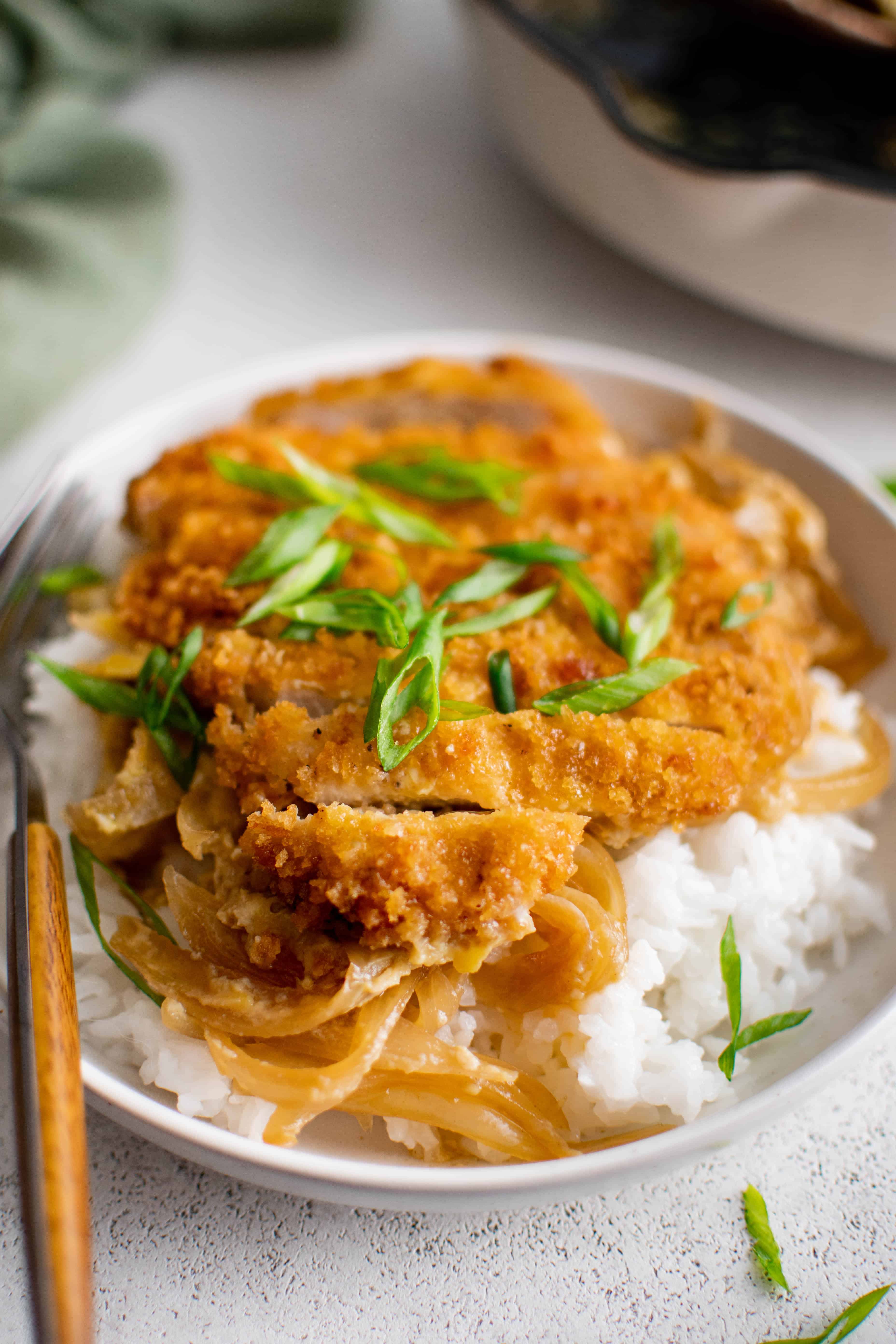 White shallow bowl filled with cooked white rice topped with sauteed onions and a breaded and deep-fried pork cutlet (katsu) that's been cooked in a sweet and savory sauce and topped with thinly sliced green onions.