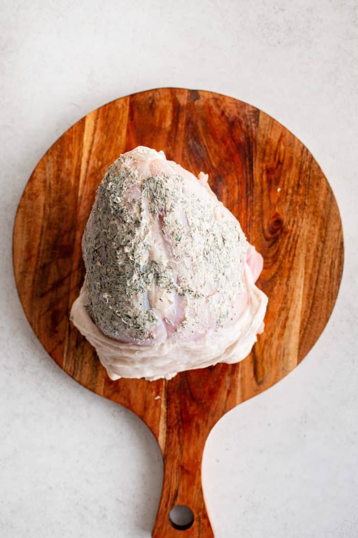 Turkey breast with garlic herb butter rubbed under the skin.