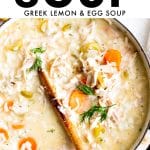 Pot of avgolemono soup (Greek lemon and egg soup) filled with shredded chicken, rice, carrots, celery, and garnished with fresh dill.