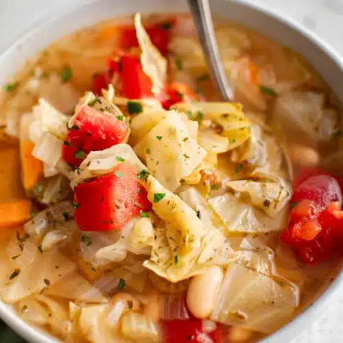 White bowl of vegetable cabbage soup that's filled with potatoes, tender cabbage, tomatoes, white beans, carrots, onion, and celery, in a herbed vegetarian broth and sprinkled with minced parsley.