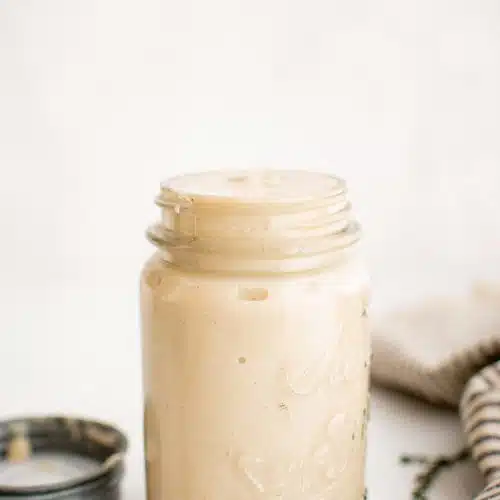 Glass mason jar filled with homemade cream of chicken soup.