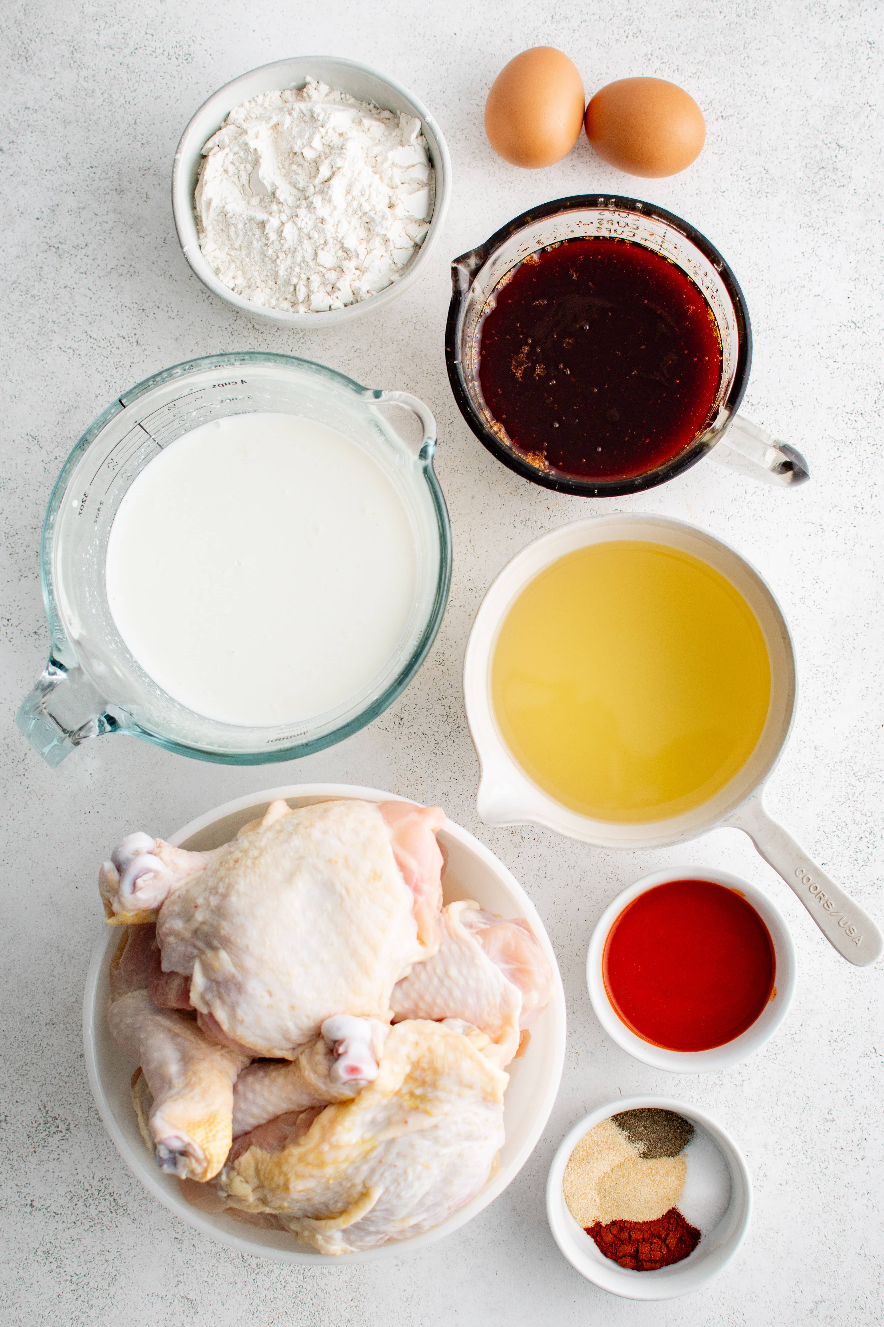 Ingredients needed to make Nashville Hot Chicken in individual measuring cups and ramekins.
