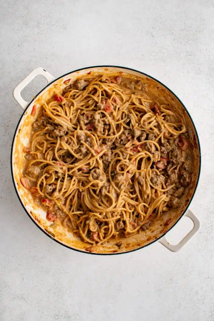 Prepared one-pot taco spaghetti in a round baking dish or Dutch oven.