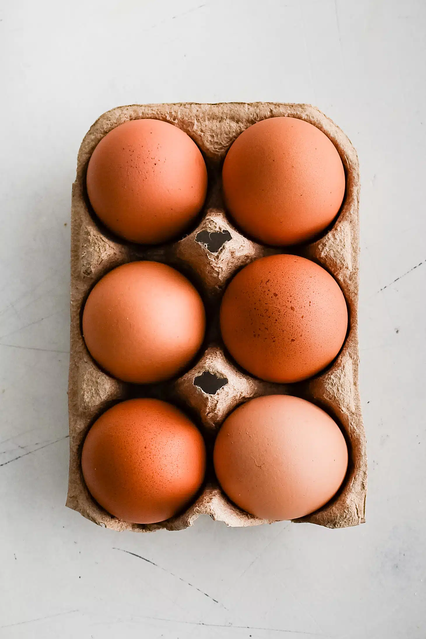 Egg carton filled with six brown eggs.