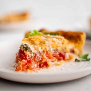 Beautiful slice of golden baked Southern tomato pie on a white plate with the tomato layer on the bottom and cheety mayo layer on top.