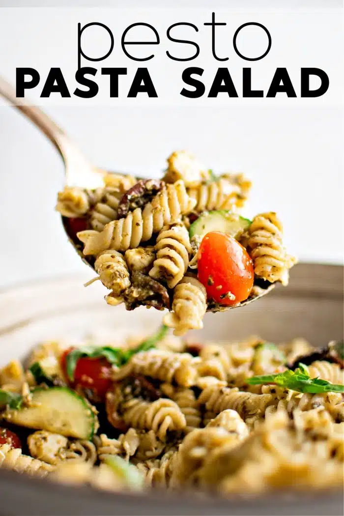 Pesto Pasta Salad Pinterest Pin Image with Text Overlay