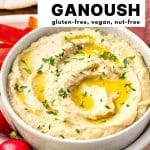 Overhead shot of creamy baba ganoush in a bowl, topped with olive oil, parsley, and sesame seeds, with text overlay describing it as gluten-free, vegan, and nut-free.