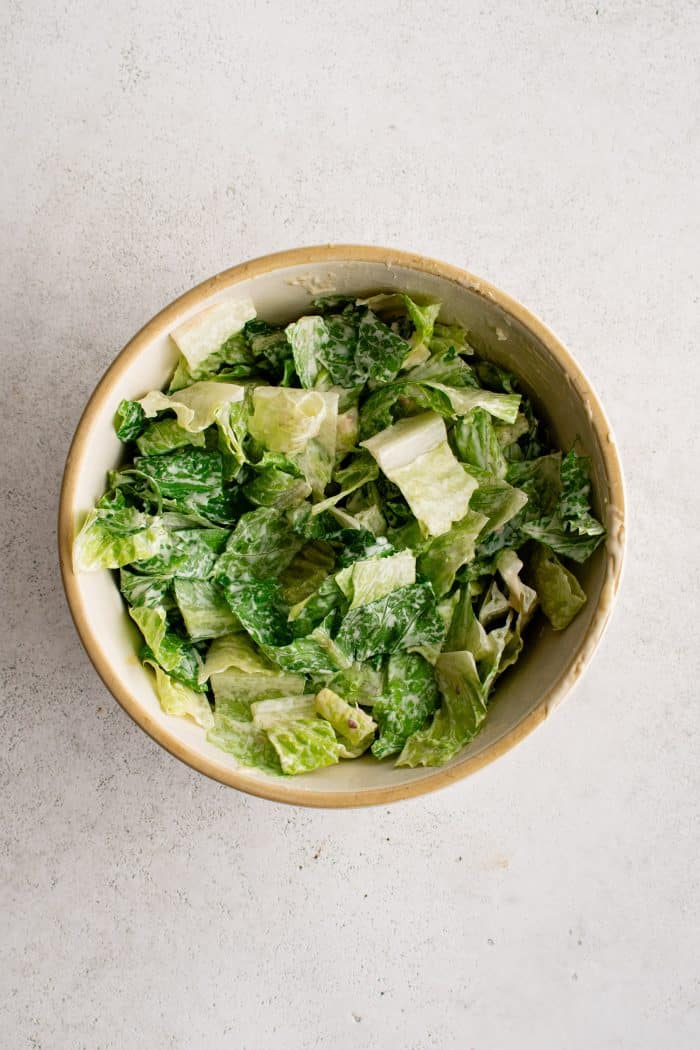Large bowl filled with roughly chopped romaine lettuce tossed in homemade Caesar salad dressing.