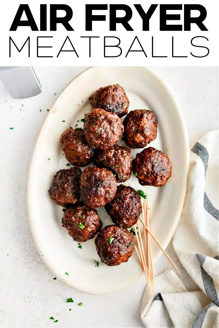 Pinterest Pin image with text overlay for air fryer meatballs recipe
