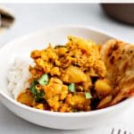 Aloo Gobi Recipe Pinterest pin image with text overlay.