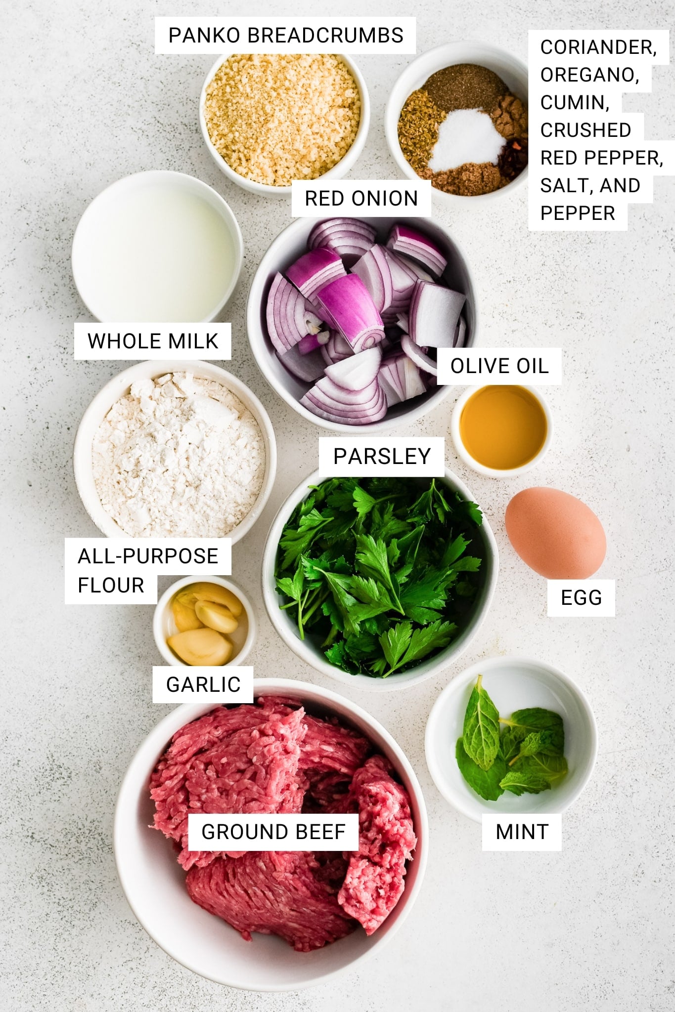 Overhead ingredient photo for Greek meatballs with text overlays labeling panko breadcrumbs, red onion, coriander, oregano, cumin, crushed red pepper, salt and pepper, whole milk, olive oil, all-purpose flour, parsley, egg, garlic, ground beef, and mint in white bowls on a white textured surface.