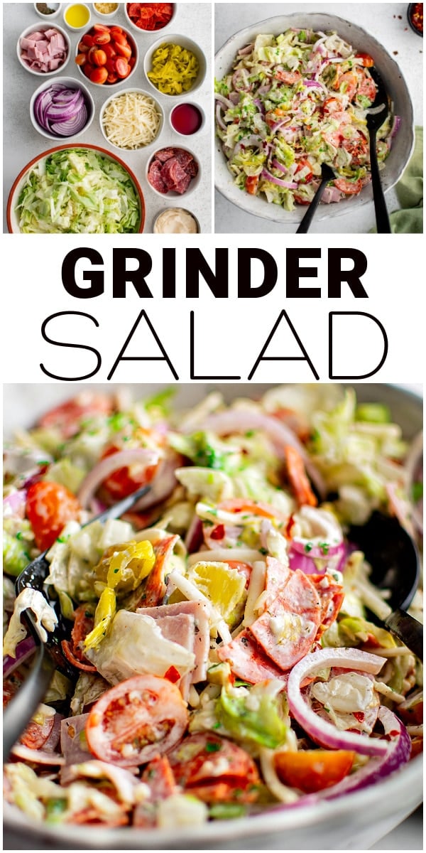 Grinder Salad Pinterest pin image collage with text overlay.