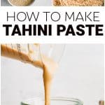 Tahini paste pinterest pin image collage with text overlay.