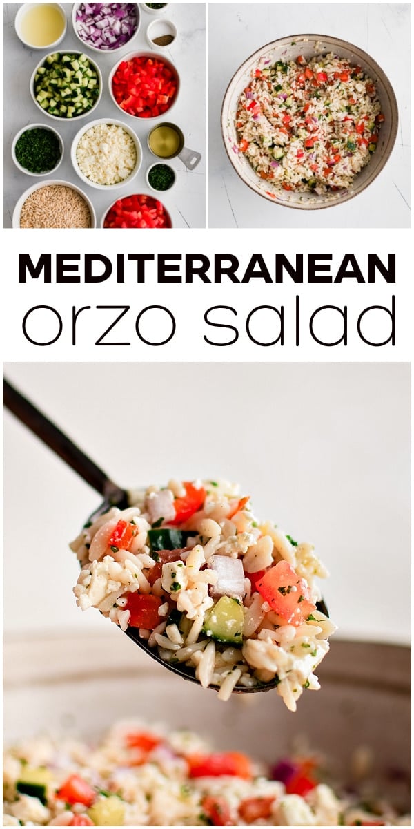 Mediterranean Orzo Salad Recipe Pinterest Pin collage image with text overlay.