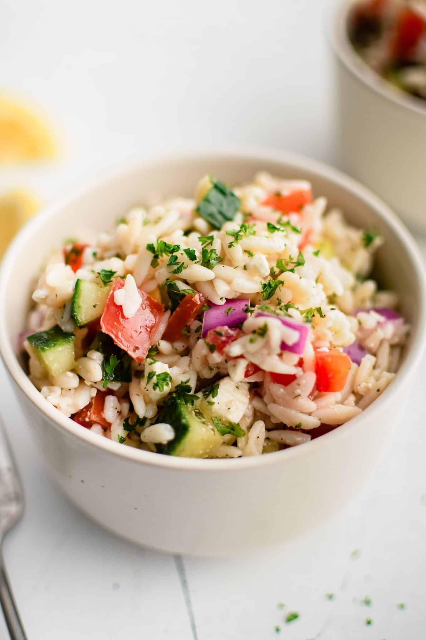 Small serving bowl filled with Mediterranean orzo salad made with cooked orzo, red onion, bell pepper, cucumber, and tomatoes in a lemon vinaigrette.