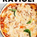 Baked Ravioli Recipe Pinterest pin image with text overlay.