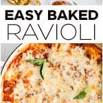 Baked Ravioli Recipe Pinterest pin collage image with text overlay.