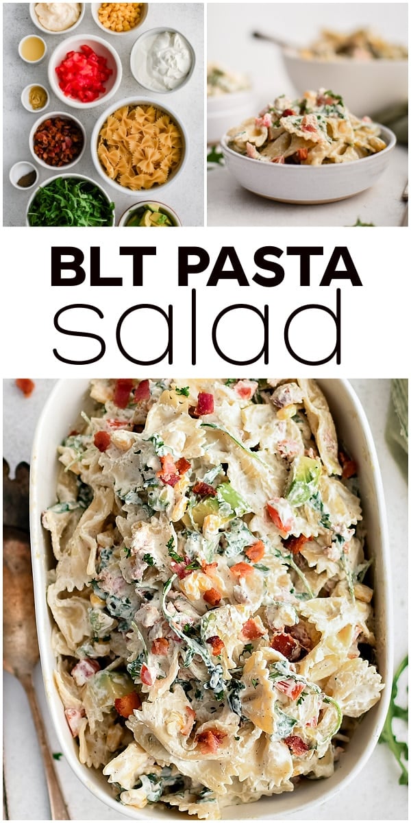 BLT Pasta Salad Recipe Pinterest pin image collage with text overlay.