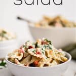 BLT Pasta Salad Recipe Pinterest pin image with text overlay.