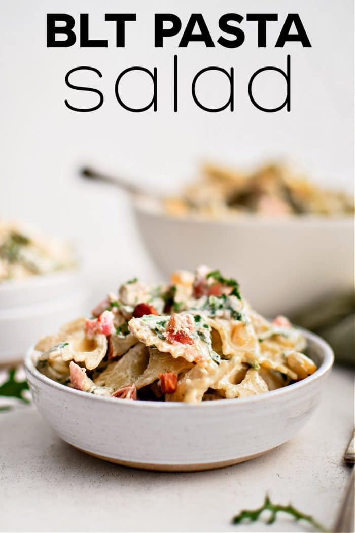 BLT Pasta Salad Recipe Pinterest pin image with text overlay.
