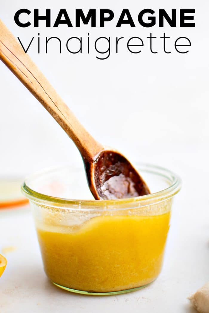 Champagne Vinaigrette Recipe pinterest pin image with text overlay.