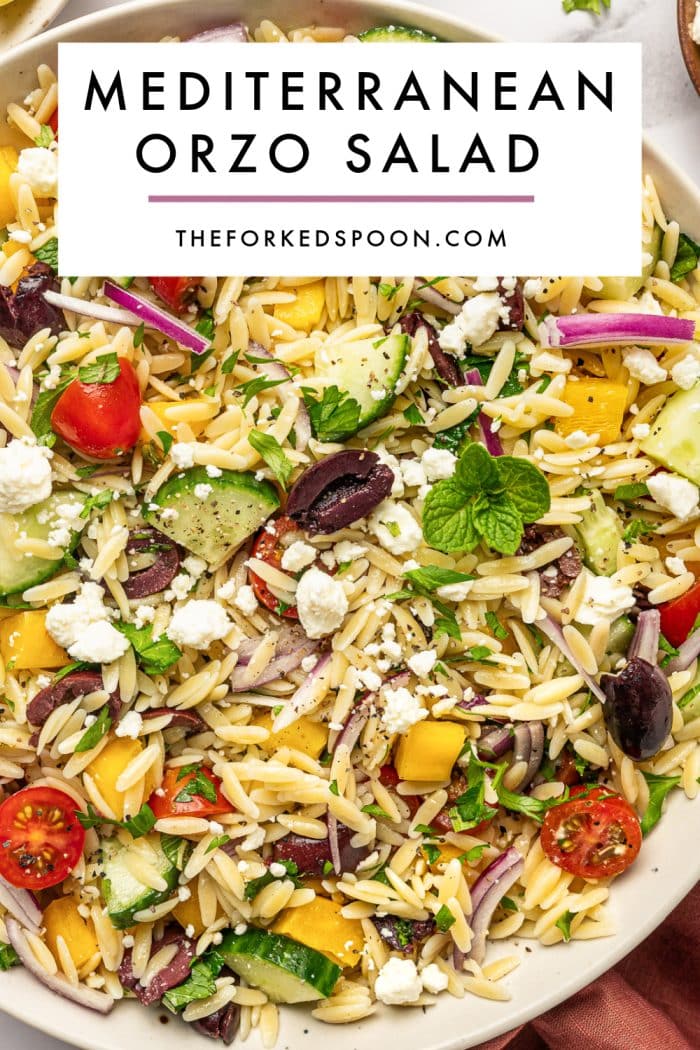 Pinterest pin image for Mediterranean orzo salad with a close-up background of orzo pasta, cucumber, cherry tomatoes, yellow bell pepper, red onion, Kalamata olives, feta cheese, parsley, mint, and black pepper, topped with a white text box that reads โMEDITERRANEAN ORZO SALADโ and โTHEFORKEDSPOON.COM.โ