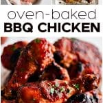 Pinterest Pin for baked BBQ chicken with three images and text overlay.