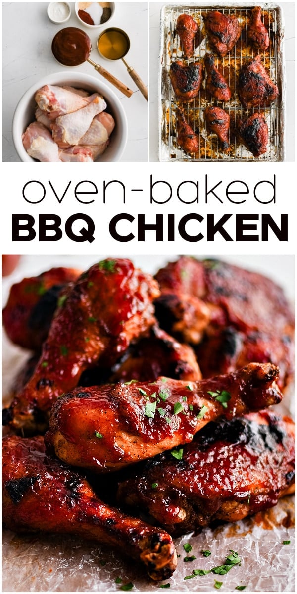 Pinterest Pin for baked BBQ chicken with three images and text overlay.