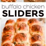 Pinterest Pin for buffalo chicken sliders with three images and text overlay.