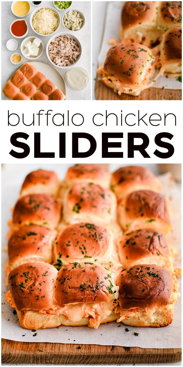 Pinterest Pin for buffalo chicken sliders with three images and text overlay.