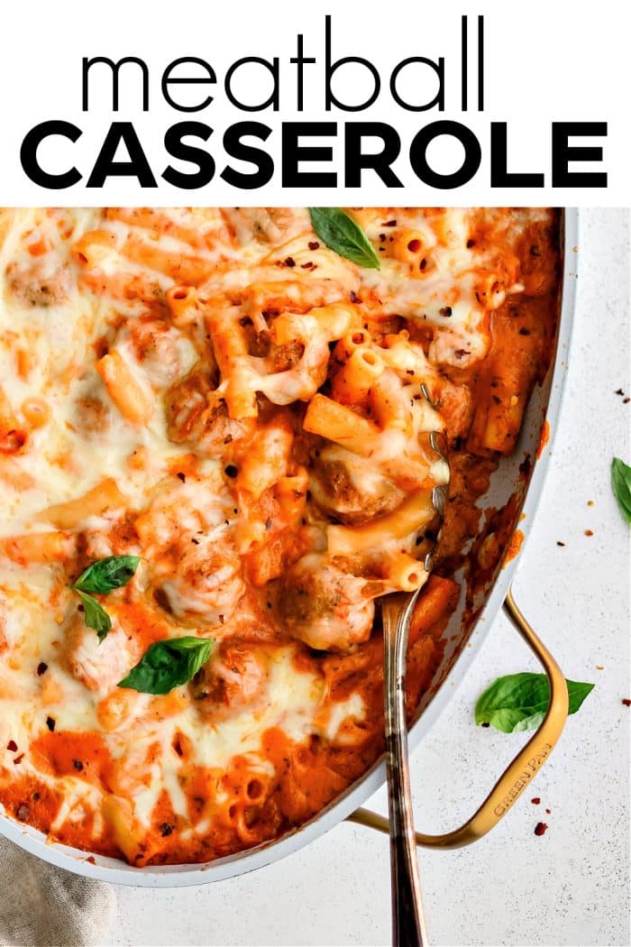 Pinterest Pin for Meatball Casserole Recipe with one image and text overlay.