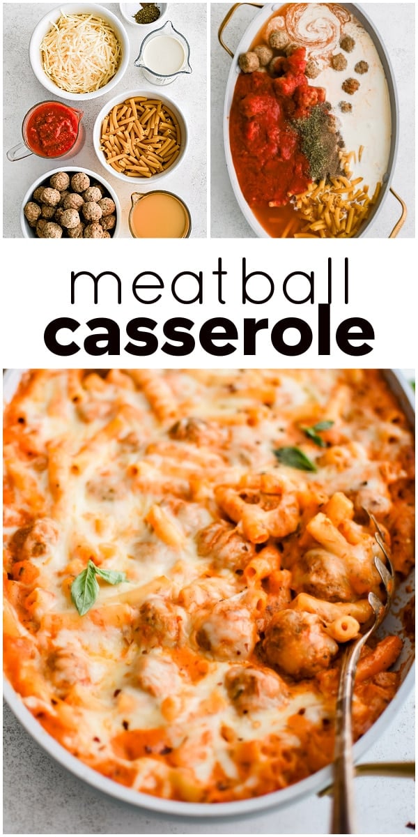 Pinterest Pin for Meatball Casserole Recipe with three images and text overlay. with three images and text overlay.