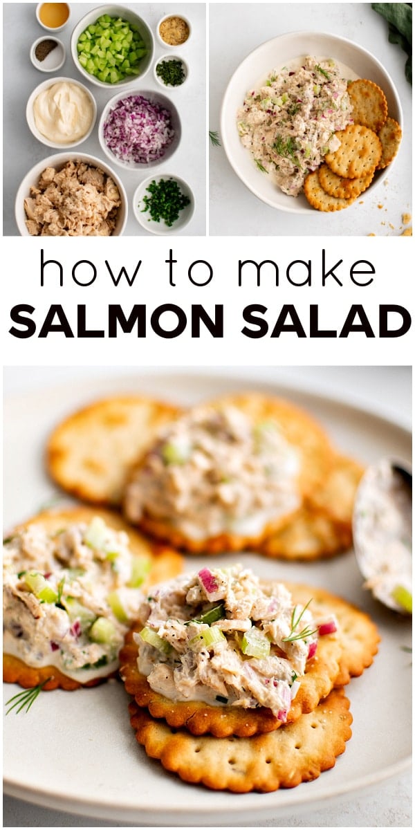 Pinterest Pin for canned salmon salad with three images and text overlay.