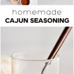 Pinterest Pin for Cajun seasoning recipe with three images and text overlay with three images and text overlay.