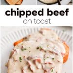 Pinterest Pin for Sour Chipped Beef with three images and text overlay with three images and text overlay.