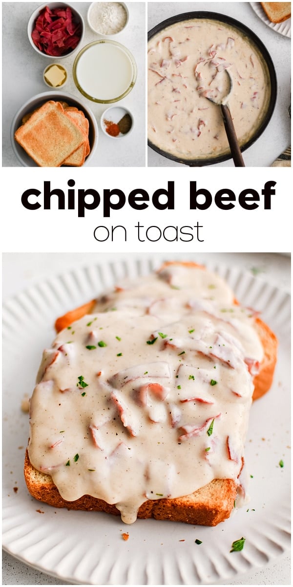Pinterest Pin for Sour Chipped Beef with three images and text overlay with three images and text overlay.