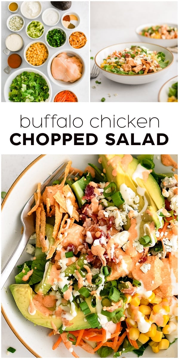 Pinterest Pin for the best buffalo chicken salad recipe with three images and text overlay with three images and text overlay.